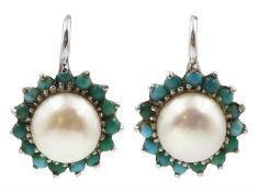 Pair of 18ct white gold pearl and turquoise lever back cluster earrings