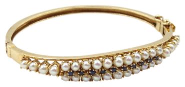 14ct gold pearl and sapphire hinged bangle