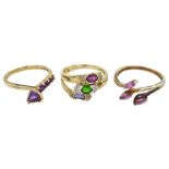 Gold amethyst ring and two other stone set gold rings