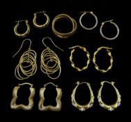 Six pairs of 9ct gold hoop stud earrings and a 9ct gold ring