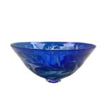 Julia Linstead (British 1966-): Hand blown cobalt blue glass bowl etched with fish amongst weed