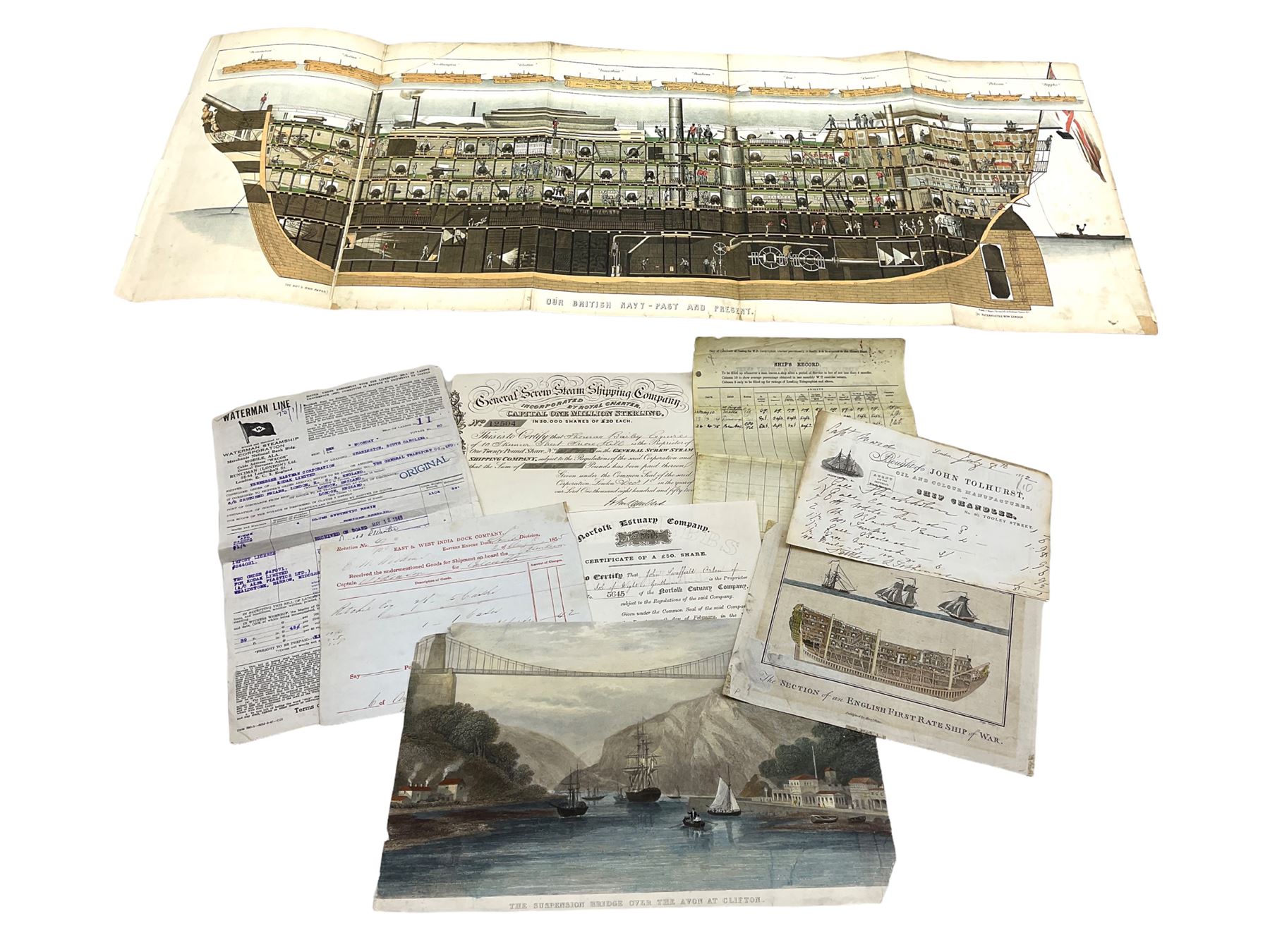 'The Section of an English First Rate Ship of War'19th century engraving with hand colouring pub. by