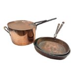 Large Victorian copper pan with wrought iron handle and lid