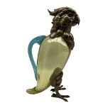 Novelty glass claret jug in the form of a parakeet with glass body and handle with gilt hinged head