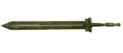 Oriental green hardstone ornamental sword with cross guard and figure carved hilt L59cm