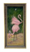 Camille Faur� (French 1874-1956): Limoges rectangular enamelled plaque 'The Pink Flamingos'