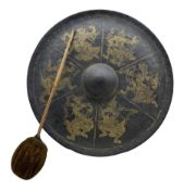 Burmese black lacquered metal gong decorated with six gilt figures