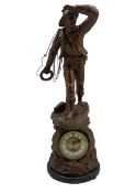 Bronzed figural spelter clock with French timepiece movement depicting a sailor in a boat labelled '