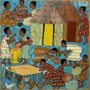 Chirwa (Zimbabwean Contemporary): Village Scene with figures playing Nhodo