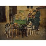 English School (19th/20th century): Flemish Milk Man with Dog Drawn Cart and Milkmaid