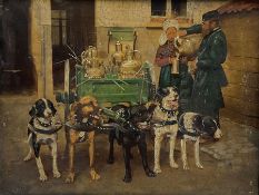 English School (19th/20th century): Flemish Milk Man with Dog Drawn Cart and Milkmaid