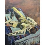 Sharman Green (British Contemporary): Reclining Female Nude Sunbathing on Lounger