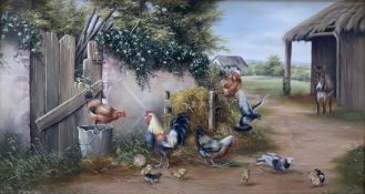 Carl Whitfield (British 1958-): Chickens and Chicks by a Farm Gate watched by a Donkey