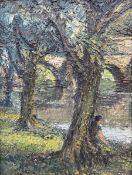 Manner of Ronald Ossory Dunlop (British 1894-1973): Figure Seated Beneath Tree next to River