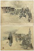 Japanese School (19th century): Samurai and Ronin in a Winter Battle and Gathering Food