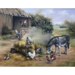 Carl Whitfield (British 1958-): Donkey and Chickens in the Farmyard