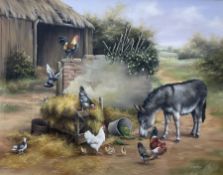 Carl Whitfield (British 1958-): Donkey and Chickens in the Farmyard