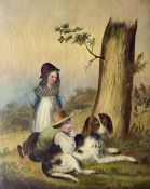 English Naive/Primitive School (19th century): Children in Clearing with Spaniel