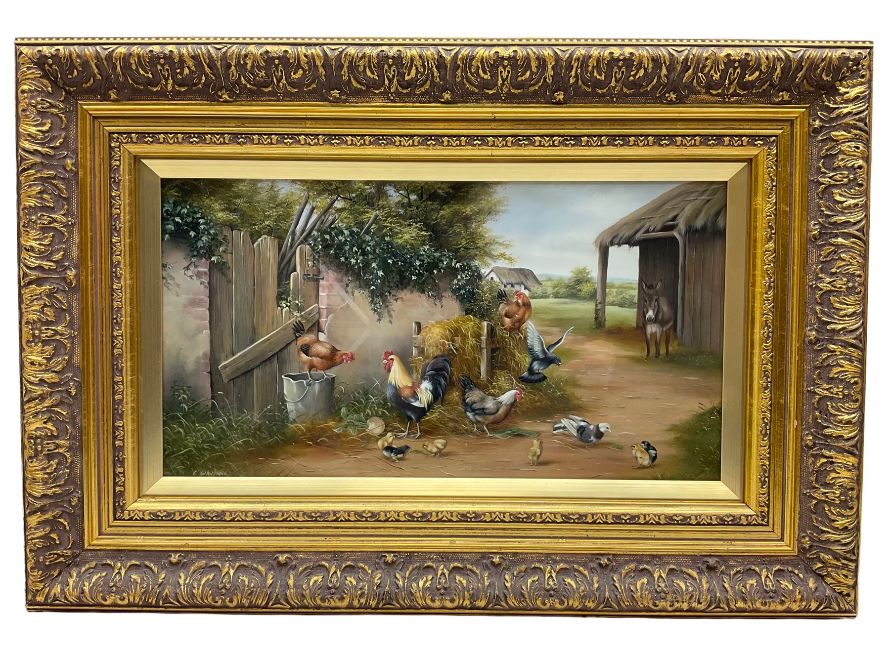 Carl Whitfield (British 1958-): Chickens and Chicks by a Farm Gate watched by a Donkey - Image 2 of 4