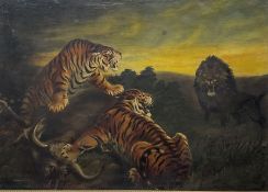 Follower of George Stubbs (British 1724-1806): Tigers Protecting their Wildebeest Prey from a Lion