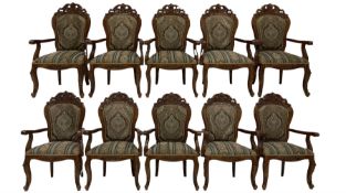 Set ten French style cherry wood dining elbow chairs
