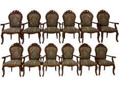 Set twelve French style cherry wood dining elbow chairs