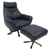 Swivel chair and footstool upholstered in blue leather