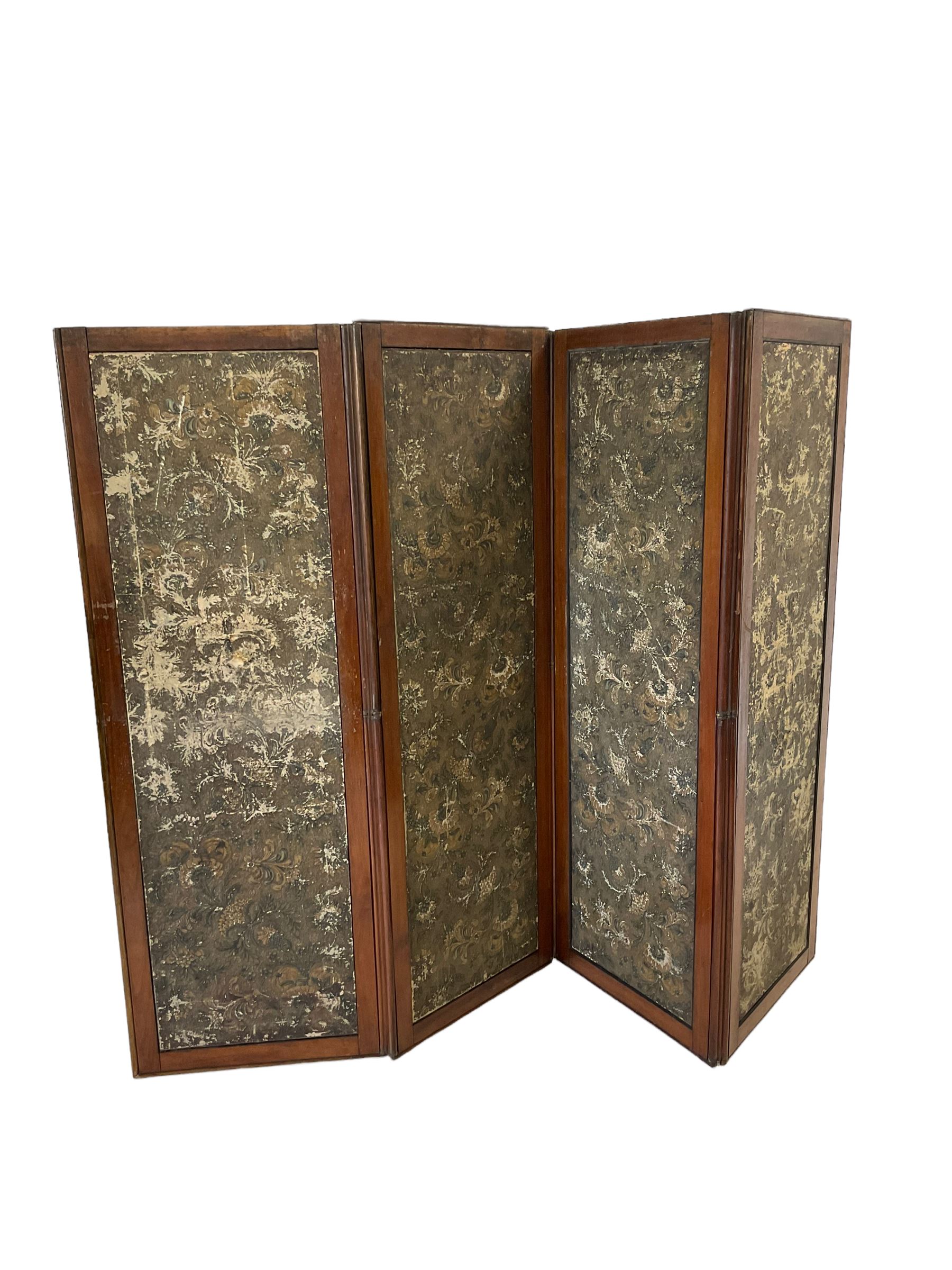 19th century walnut four panel folding screen