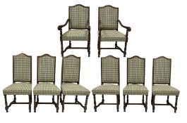 Set eight (6+2) oak dining chairs with upholstered seats and backs