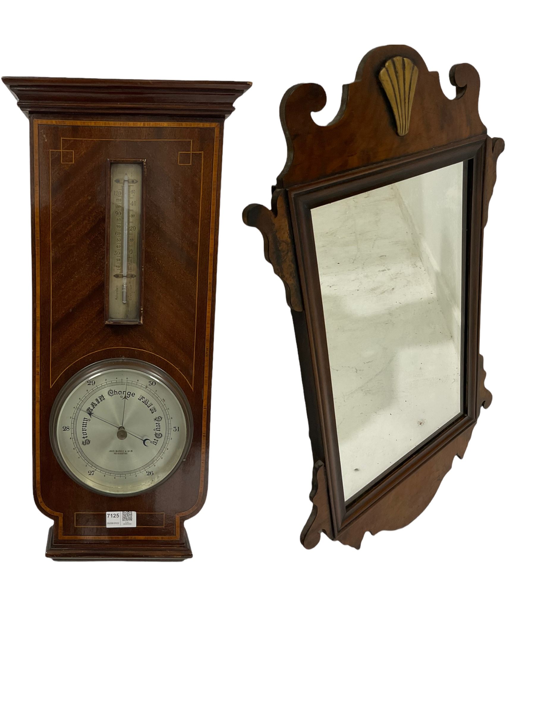 Edwardian Sheraton revival mahogany aneroid barometer and thermometer with string inlay and satinwoo