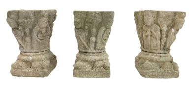 Set three reconstituted garden planters with carvings of mythical creatures
