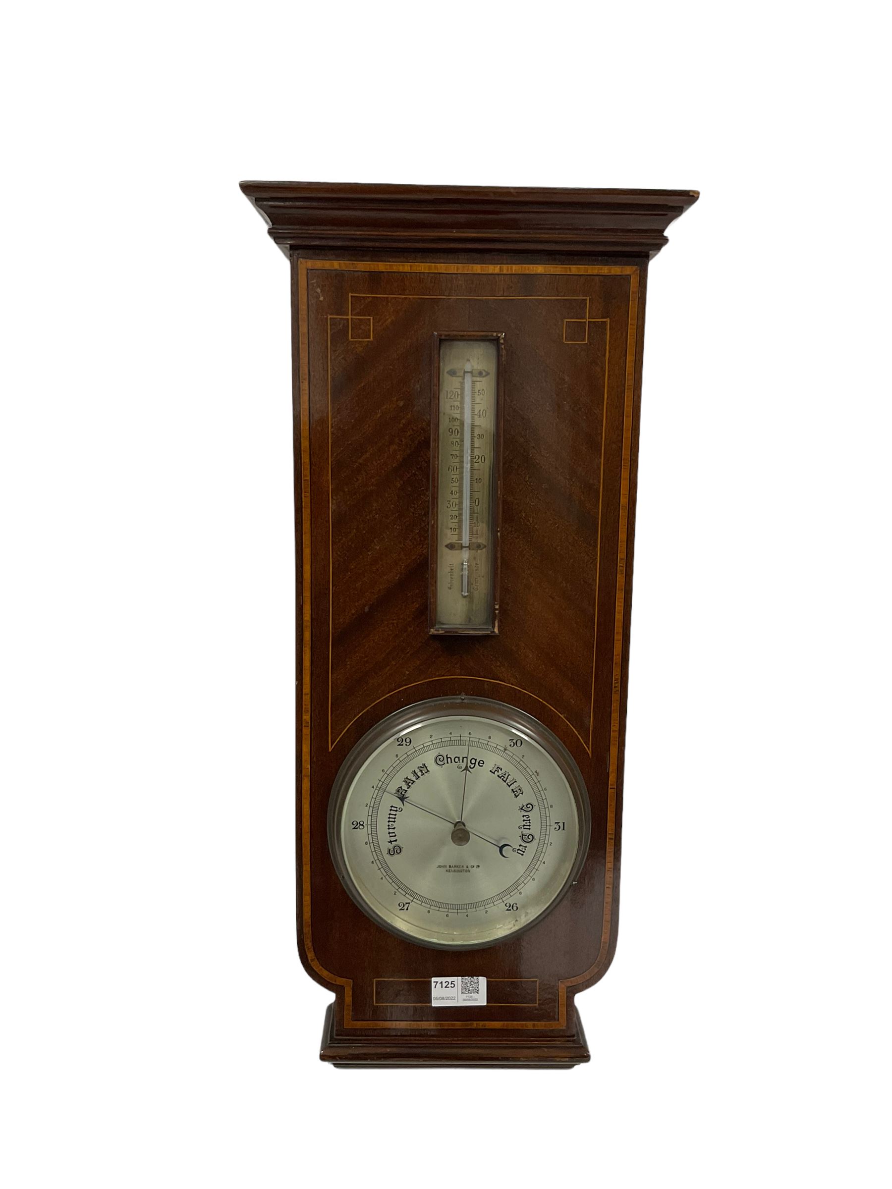 Edwardian Sheraton revival mahogany aneroid barometer and thermometer with string inlay and satinwoo - Image 3 of 3