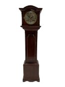 A late 19th century miniature replica of a mahogany longcase clock with a removable break arch hood