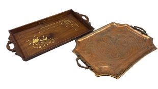 Copper rectangular twin handled tray with engraved decoration