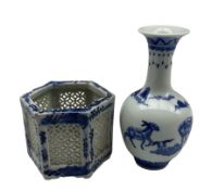 20th century hexagonal Chinese brush pot with pierced sides together with another vase with blue and