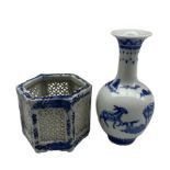 20th century hexagonal Chinese brush pot with pierced sides together with another vase with blue and