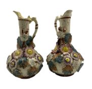 Pair of English majolica vases with applied flowers