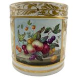 Early 19th century Derby porter mug painted with a panel of fruit with gilded scrolls and foliage an