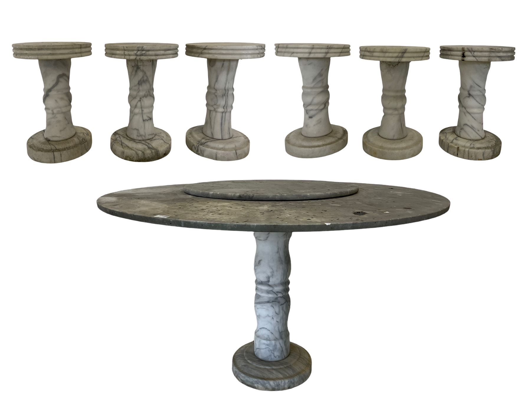 White veined marble circular garden pedestal table