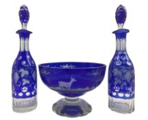19th century Bohemian blue overlay glass bowl of pedestal form