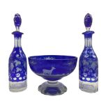 19th century Bohemian blue overlay glass bowl of pedestal form