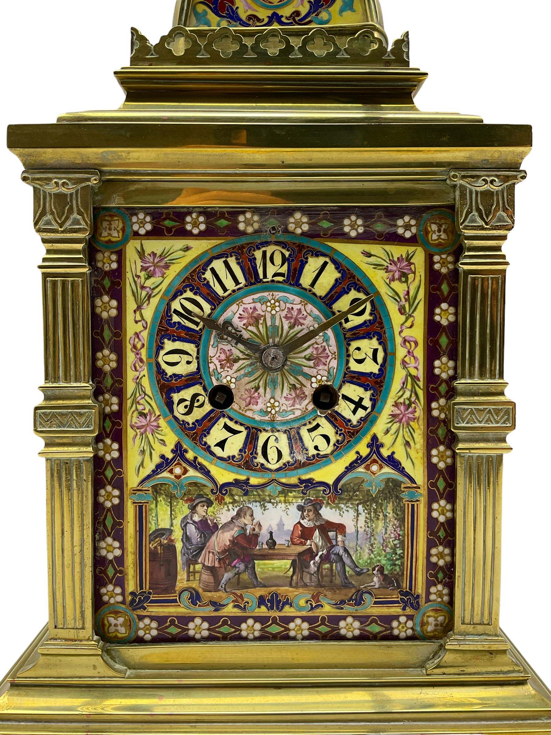 Late 19th century continental brass cased striking mantle clock with a pair of matching brass framed - Image 3 of 9