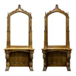 Pair Gothic style oak console table with mirror