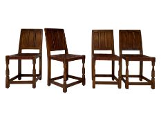 Sid Pollard - set four oak triple panel back dining chair with leather lattice seats