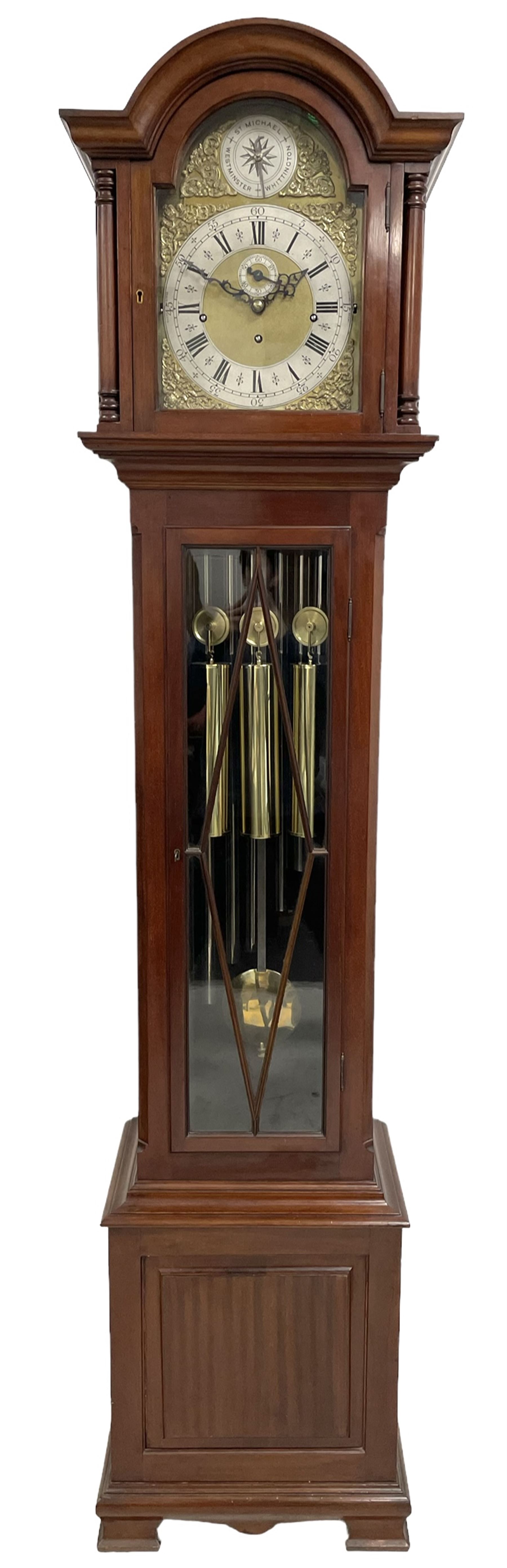 Mahogany cased 20th century longcase clock with a three-train weight driven rack striking German mov