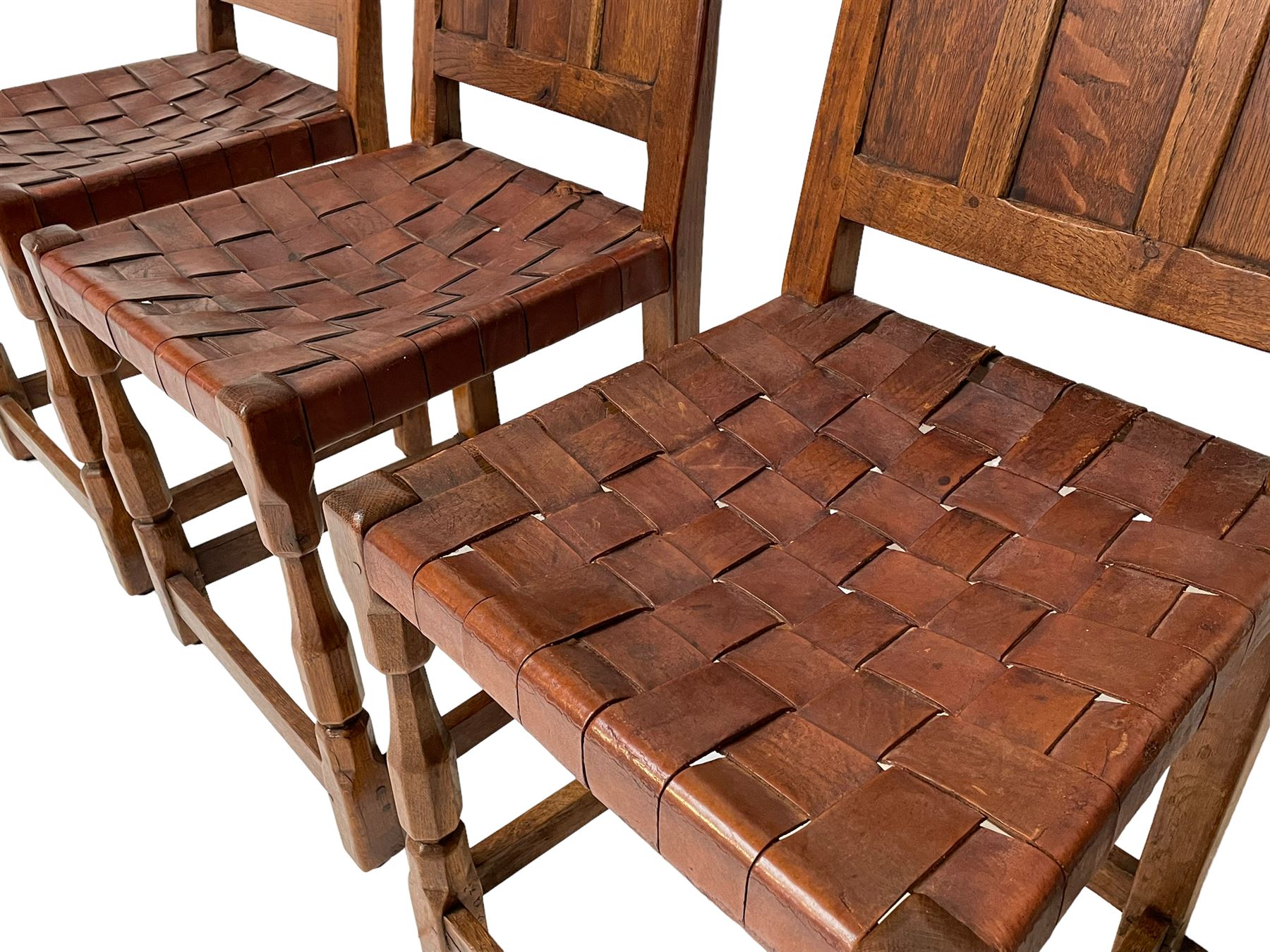 Sid Pollard - set four oak triple panel back dining chair with leather lattice seats - Image 10 of 14