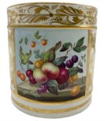 Early 19th century Derby porter mug painted with a panel of fruit with gilded scrolls and foliage an