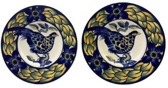 Pair of Royal Copenhagen Blue Pheasant pattern circular wall chargers
