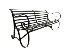 Early-to-mid 20th century strapwork black painted iron garden bench