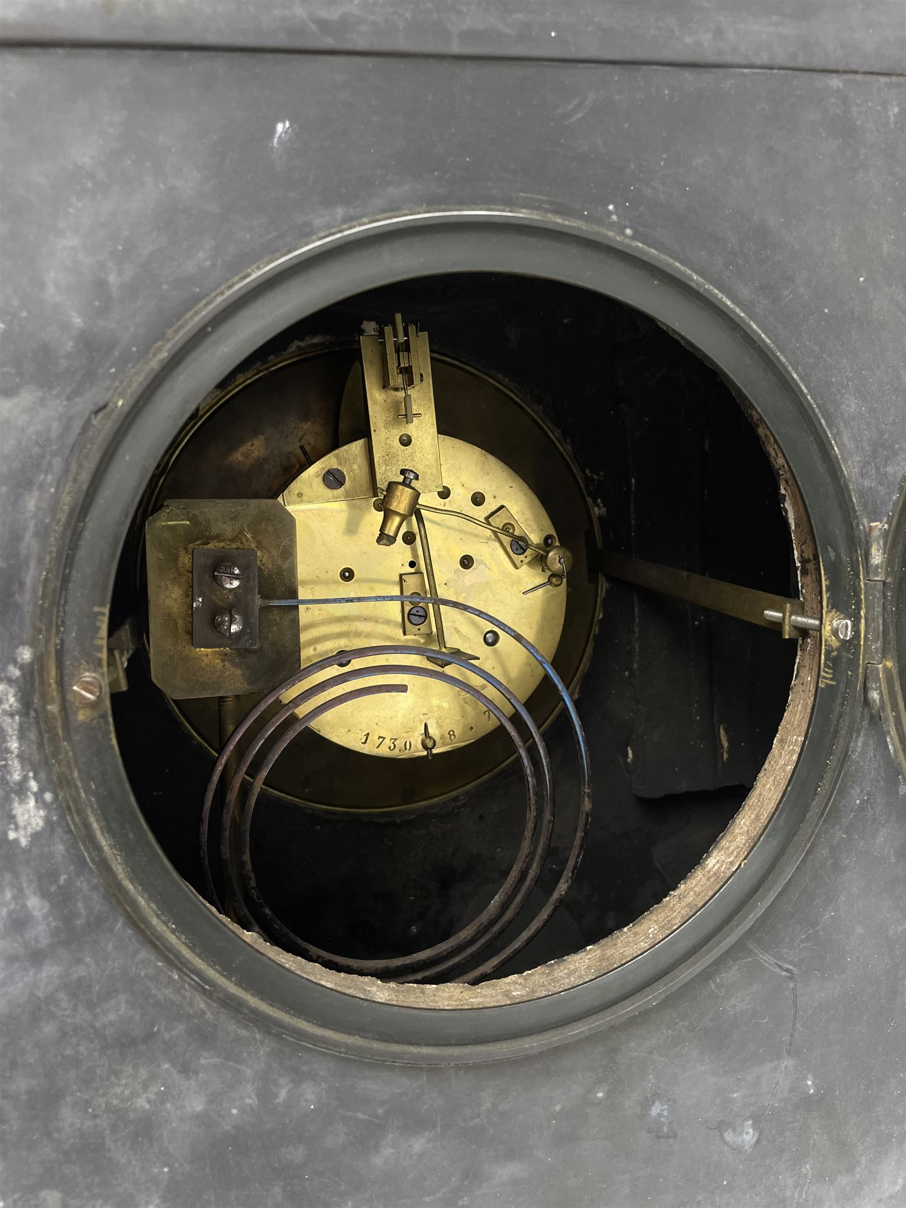 A mid-19th century mantle clock in a Belgium slate case with a French striking movement - Image 5 of 7